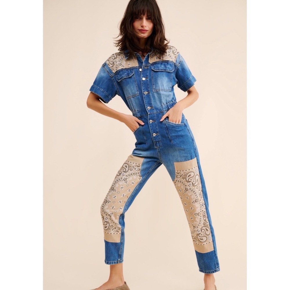 We The Free‎ People Tricia Fix Bandana Patchwork Denim Jumpsuit Boho Western XL